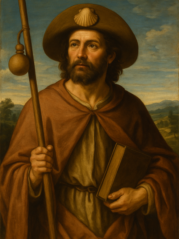Representación de Santiago Apóstol con atuendo de peregrino, portando bastón y concha del Camino.