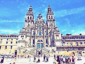 Acuarela de la Catedral de Santiago de Compostela, destino final del Camino de Santiago del Sureste